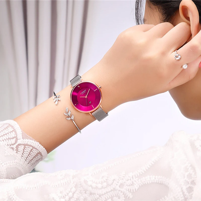

Womens Elegant Mesh Bracelet Watches Simple Analog Quartz Wristwatch With Date Fashion Ladies Clock montre femme colorful