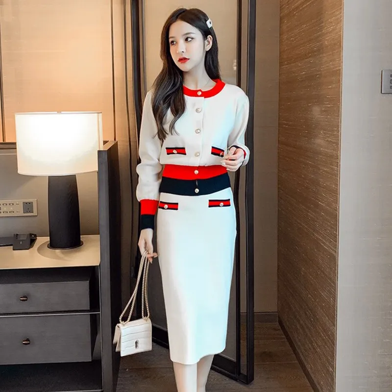 

Korean Knitted 2 Piece Skirts Set Women Single-breasted Splicing Sweaters+Elastic Force Skirt Suits Casual Fashion Elegant Suit