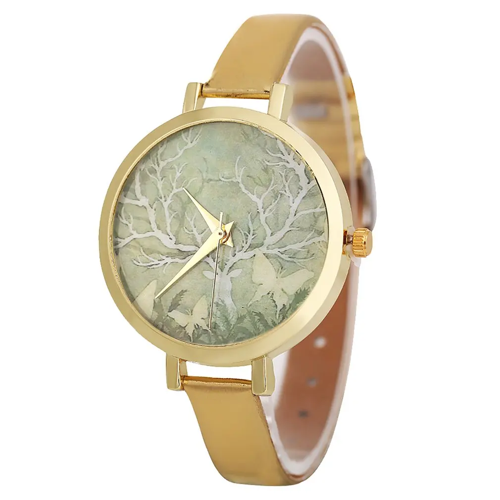 Узкий Кожаный ремешок с рисунком дерева желтый циферблат роскошные модные