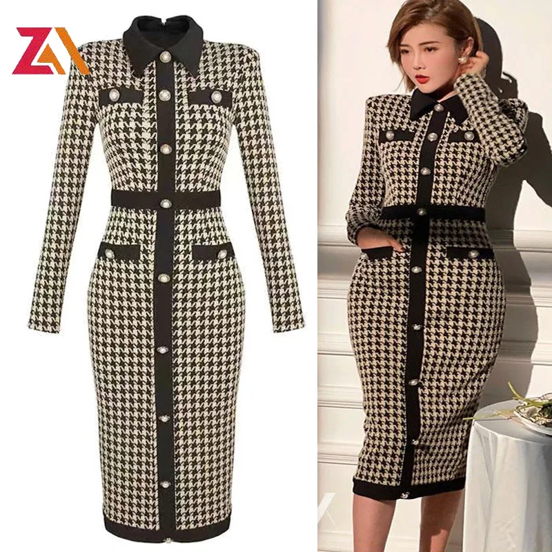 Женское платье-миди с принтом гусиные лапки