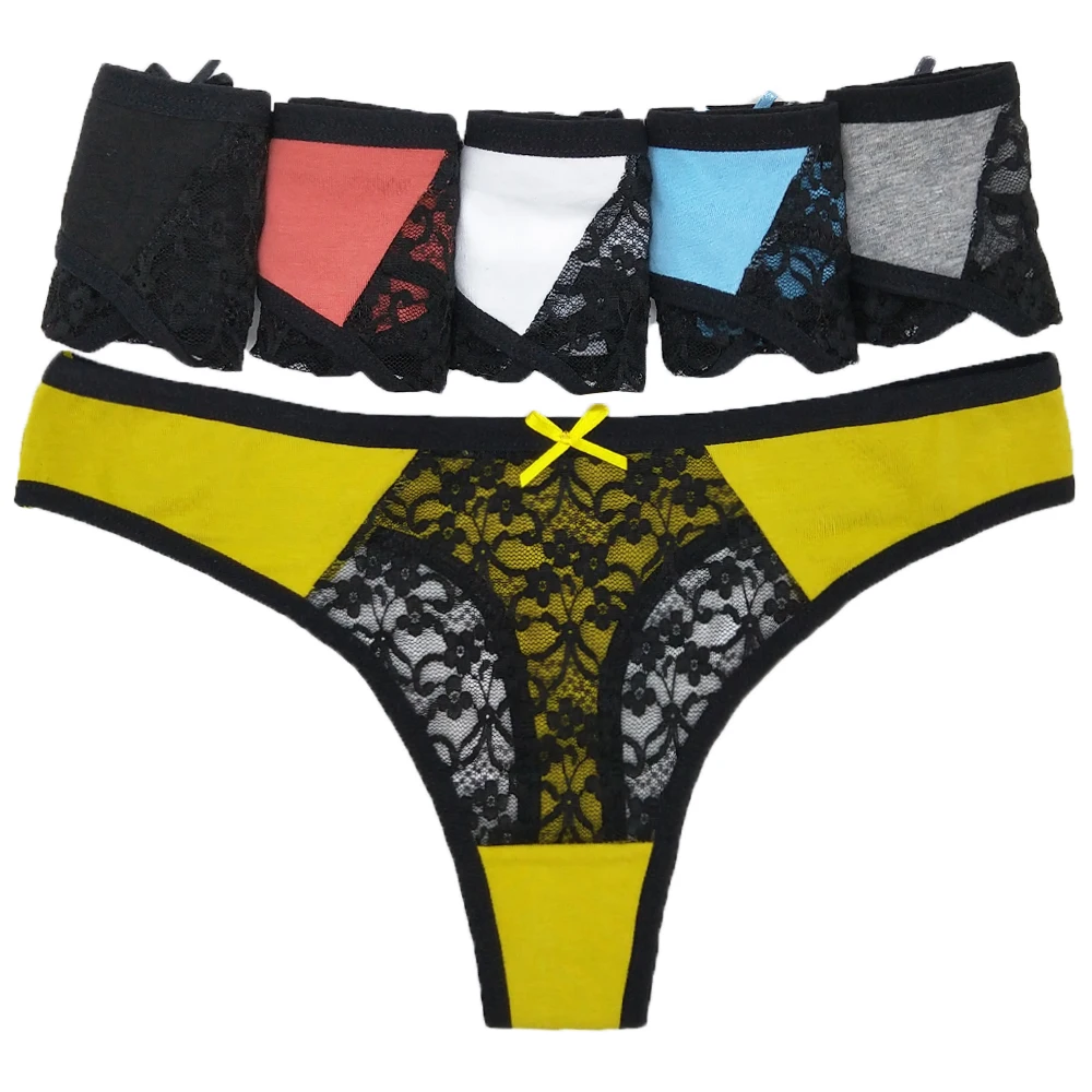 

6PCS G-string Panties Cotton Women Underwear Sexy Female Underpants Lace Transparent Thong Pantys Lingerie M-XL Low-Rise Design