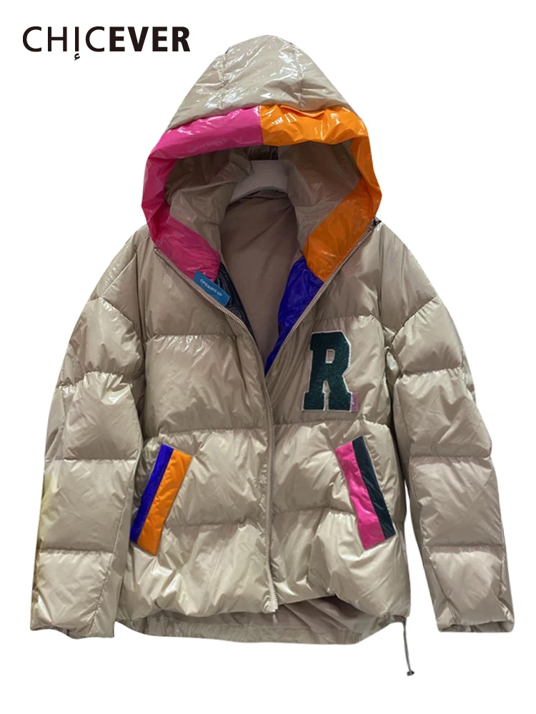 

CHICEVER Casual Patchwork Letter Patch Winter Coat For Women Hooded Long Sleeve Colorblock Fashion Jacket Female 2021 Clothing