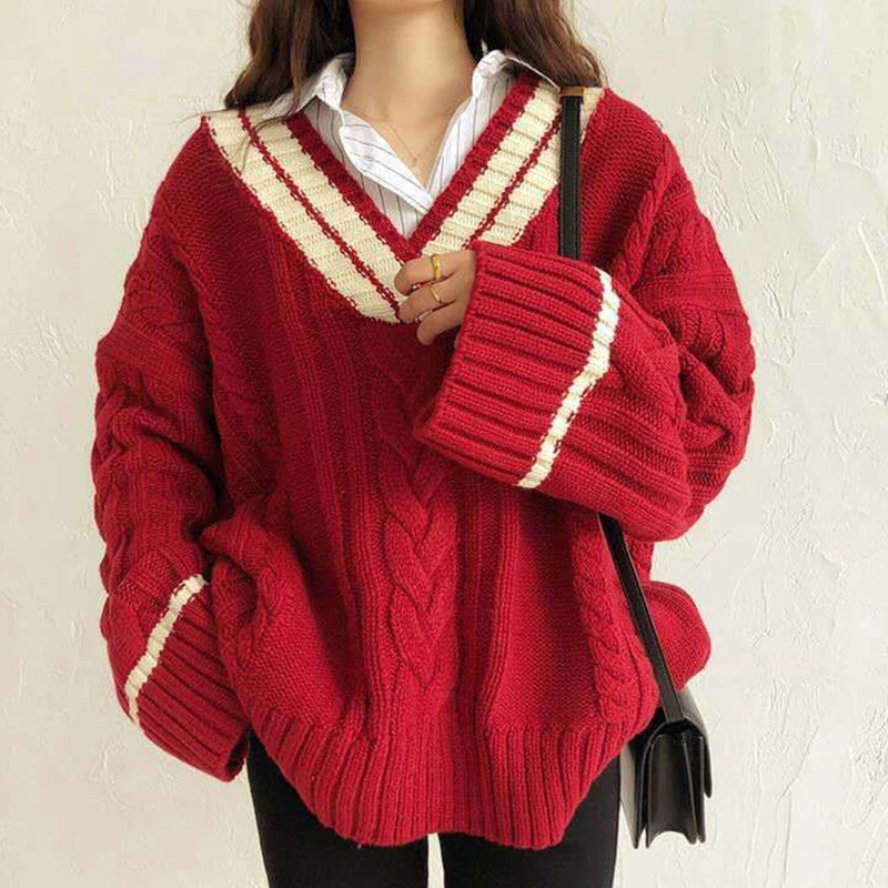 

Вязаный свитер в стиле ретро, Женский Осенний пуловер в Корейском стиле с V-образным вырезом, женский свободный топ в студенческом стиле с дл...