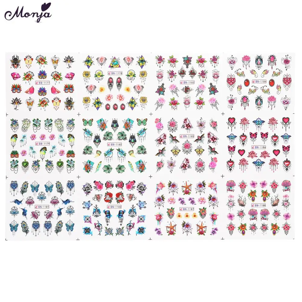 Monja 12 шт. украшения для дизайна ногтей Бабочка серия переводная наклейка воды
