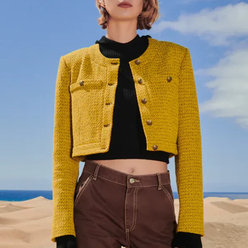 

ZA Autumn Winter Women Blazer Jacket 2021 Fashion Solid O-Neck Long Sleeve Female Vintage Single Breasted Pocket Outerwear Tops
