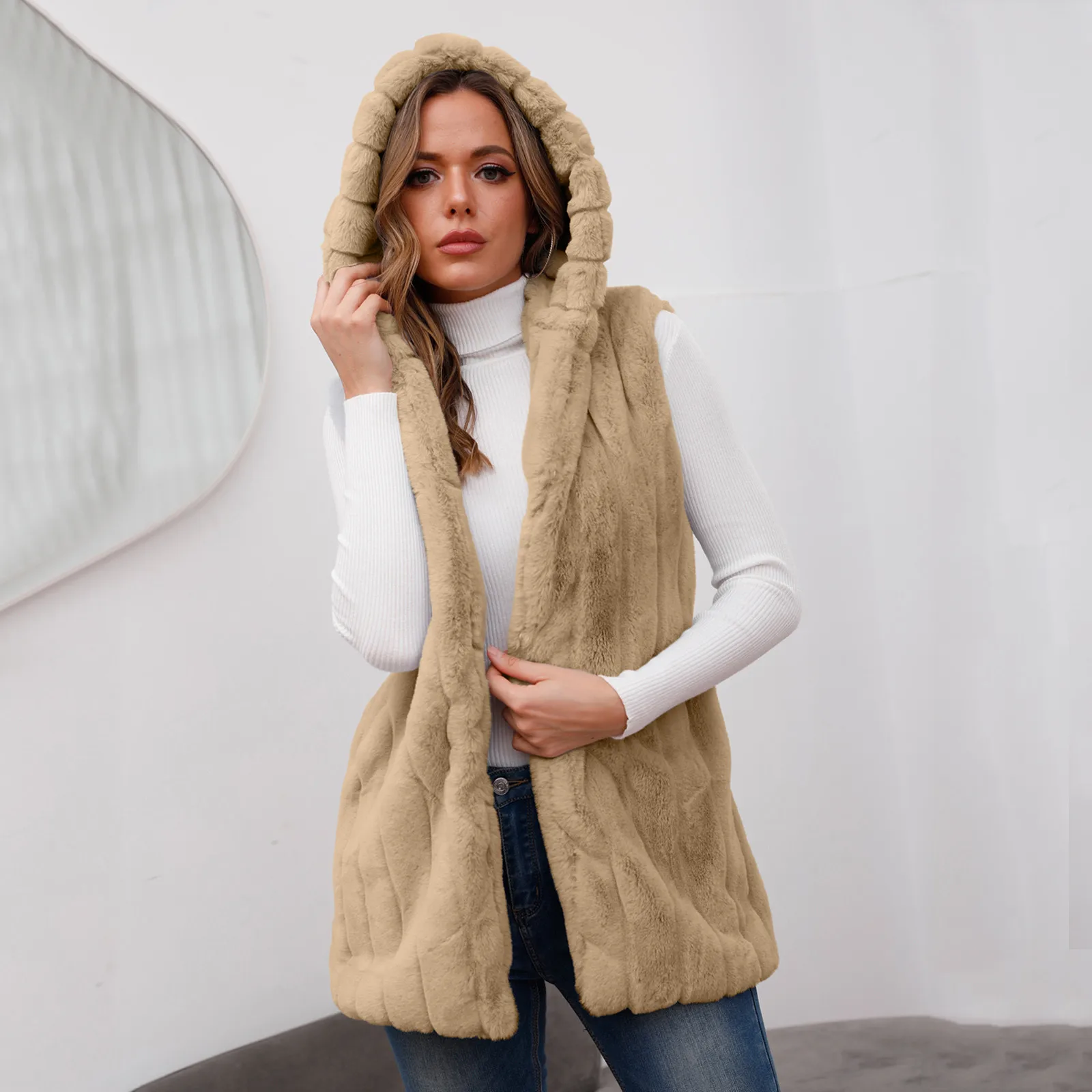 Женская теплая куртка с капюшоном без рукавов пальто верхняя одежда зимний