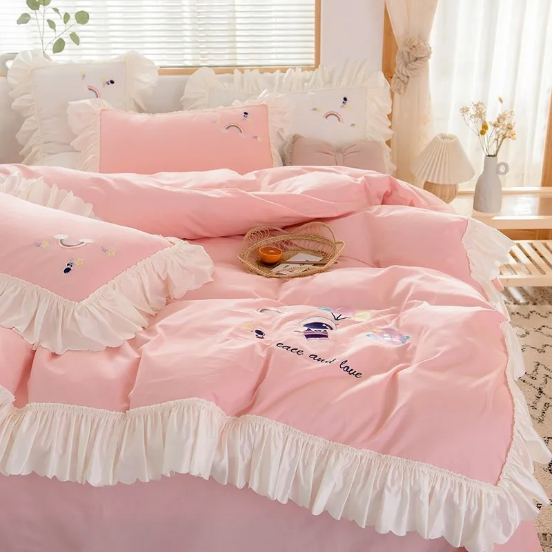 

White Ruffled Duvet Cover Sets Korean Princess Pink Blue 100%Cotton Soft Bedding Girl Bed Sheet Bedding Set Queen King size 4PCS