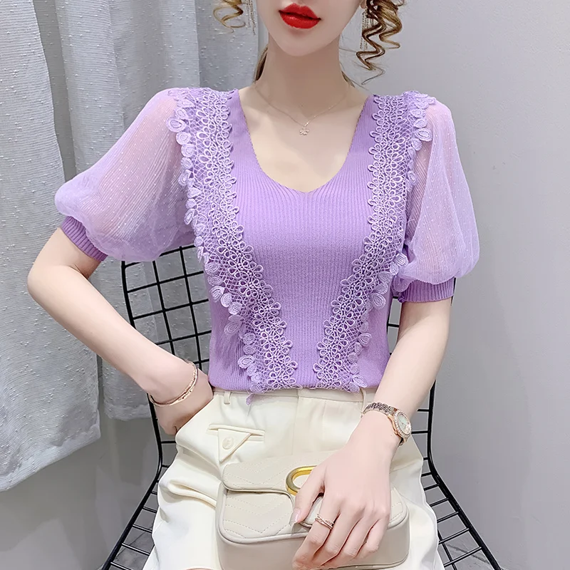 

Patchwork Lace Puff Sleeve T-shirt Women's Summer New V-neck Elegant French Short Sleeve Slim Fit Slimming Top