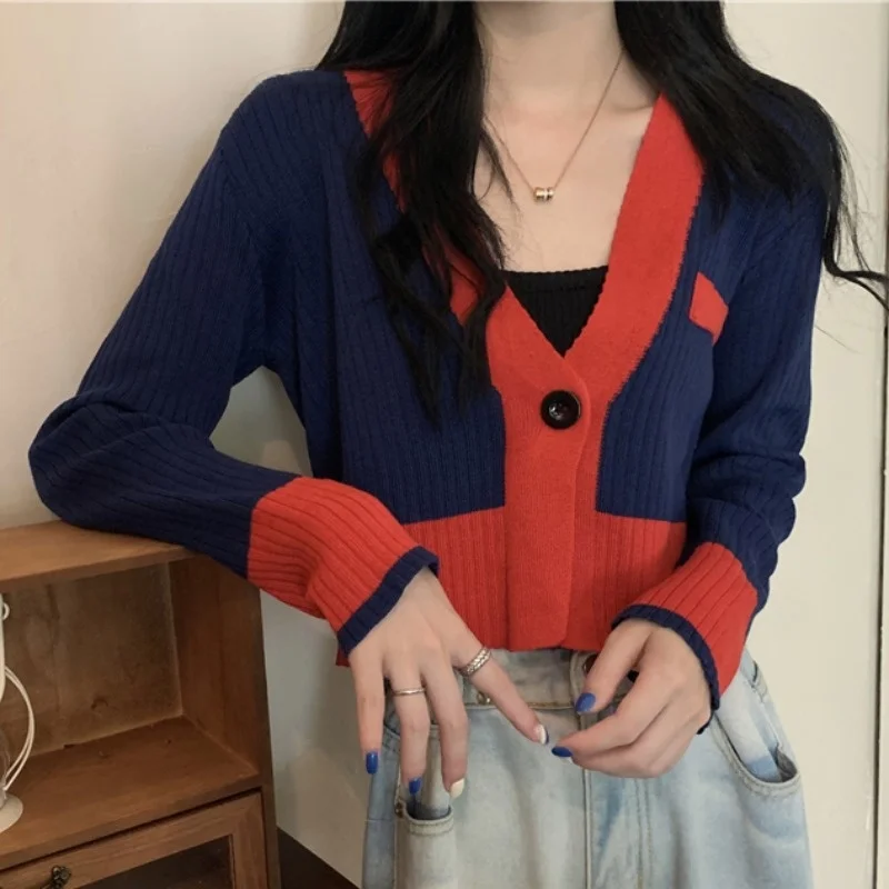 Retro Contrast Color Knitted Cardigan Sweater Mori Style Coat Short Top with High-waisted Trousers Autumn Clothes 2021new Rac |