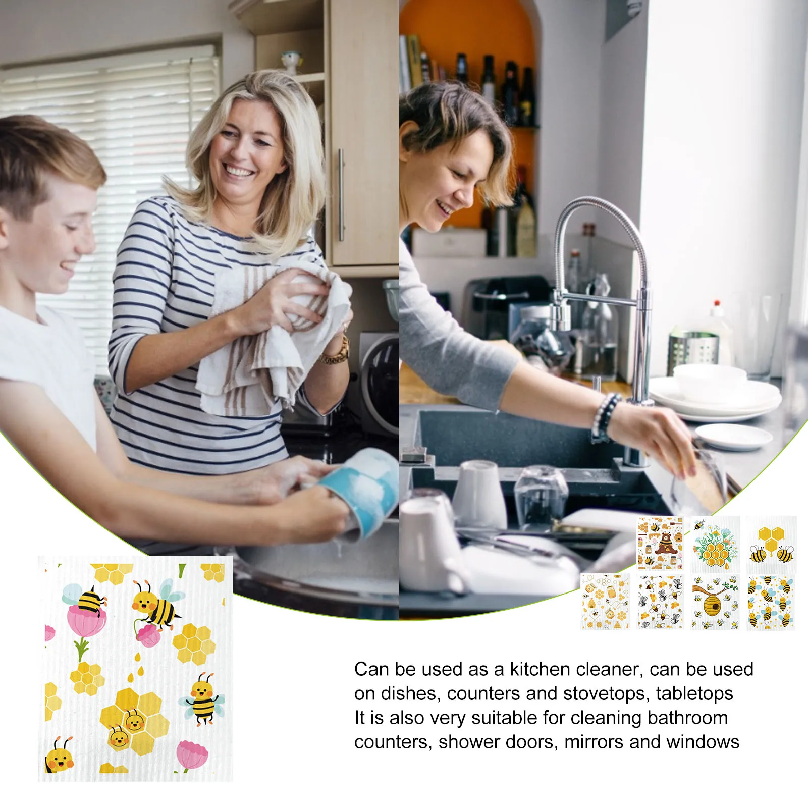 

8PCS Bee Dishcloth Reusable Wood Pulp Cleaning Cloth Quick-drying And Washable Household Absorbent Kitchen Towels