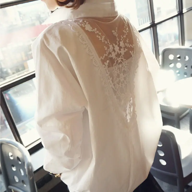 Blouse Women Shirt Women's Top Sexy Backless Lace Loose Large Size White Shirt Blusas Ropa De Mujer