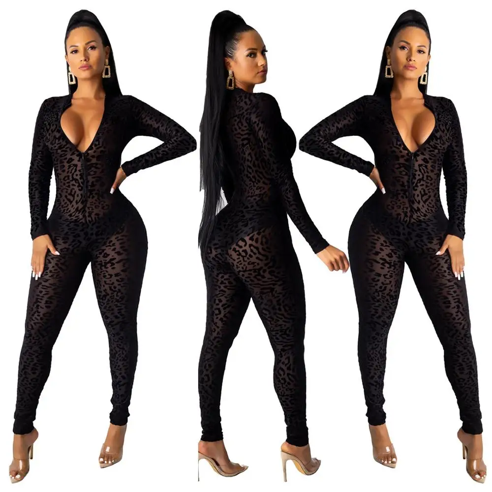 black jumpsuits Adogirl женские эффектные прозрачные сетчатые флокированные леопардовый комбинезон на молнии спереди с v-образным вырезом и длинными рукавами Облегающий комбинезон Ночной клуб Боди - Цвет: black jumpsuits