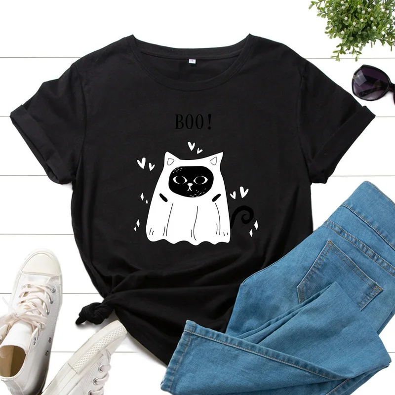 

Summer Women T-shirt 100% Cotton Short Sleeve Cat Print Female Fashion Kawaii T Shirt Ladies Graphic Regular Loose Daily Tee Top