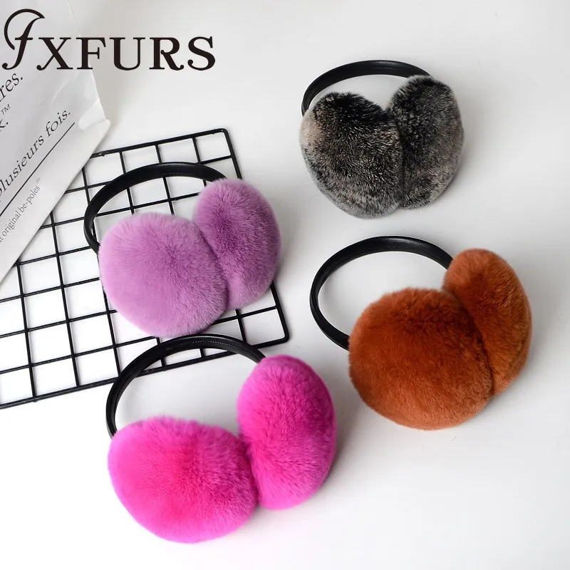 FXFURS/ женские модные меховые наушники с кроликом Рекс, с кожаной полкой, зимние теплые меховые наушники для девочек, меховые наушники