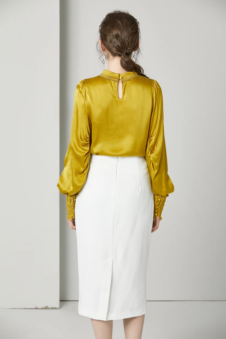 100% чистый шелк Женские Подиумные рубашки с круглым вырезом и длинными рукавами