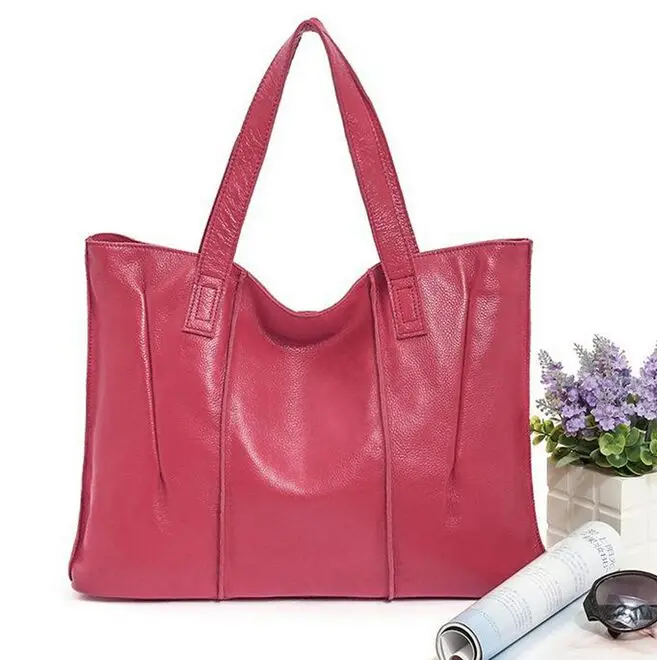Hot pink Большая женская сумка из натуральной кожи, сумка из натуральной коровьей кожи, женская классическая сумка, Офисная сумка на плечо - Цвет: Hot pink