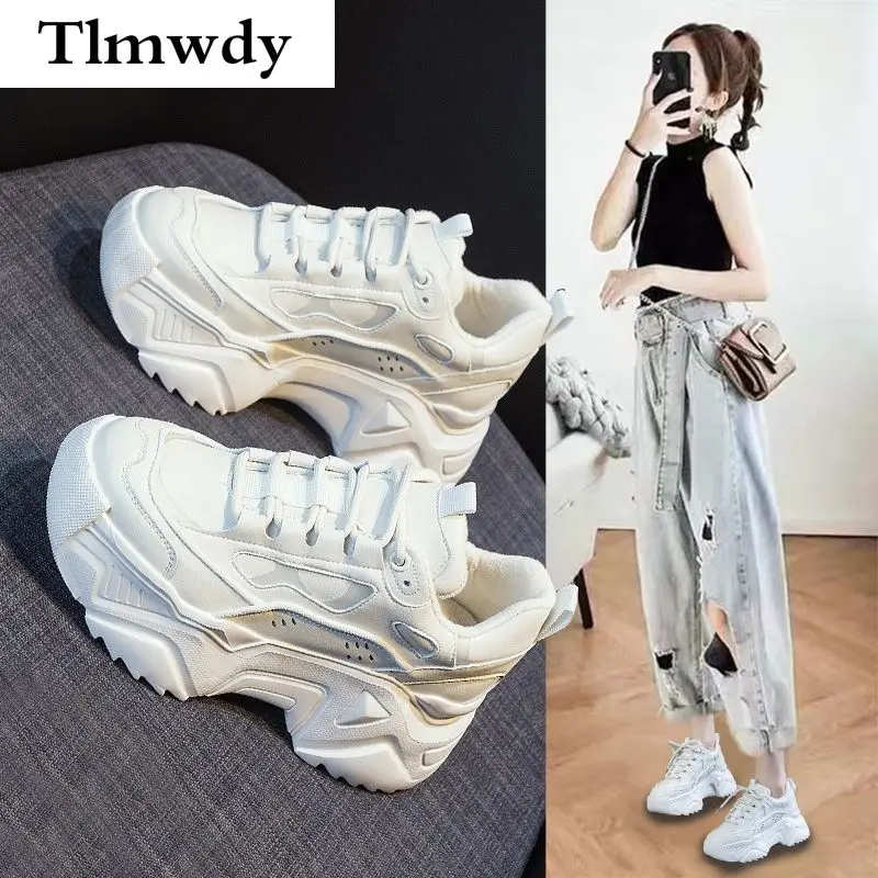 

Spring 2021 New Women Dad Shoes Low-heeled Comfortable Sneakers Casual Vulcanized Shoes Women's Platform Lace-up White Sneakers
