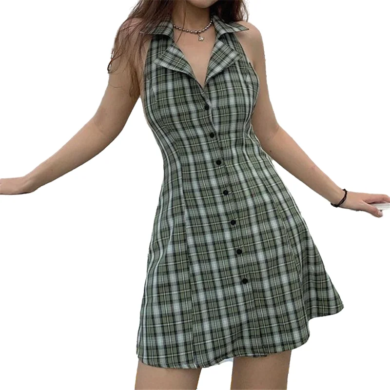 

2021 Plaid Print Backless Shirt Dresses Harajuku E-girl Sexy Halter Strap Mini Dress Summer Single-Breasted Clubwear