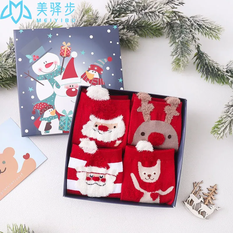 1 Box Is 4 Pairs Winter Cotton Red Socks Three Dimensional Cartoon Christmas Socks Cute Japanese Socks with Gift Box