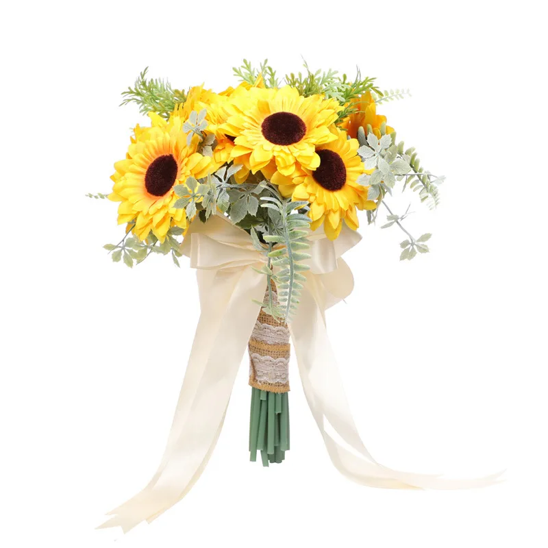 

Ribbon Silk Yellow Sunflower Aritificial Handmade Bridal Bouquet for Wedding Indoor Decoration Party Event Supplies