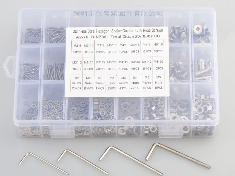 

880 шт. M2/3/4/5, плоская потайная головка, класс 10,9 304, нержавеющая сталь, с шестигранной головкой, колпачок, гайка, комплект для мойки, DIN7991