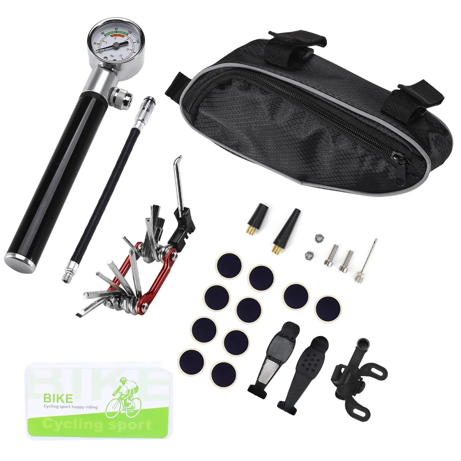 

2021 MTB Bike Tire Repair Set Bicycle Tyre Puncture Repair Kit Patches Air Needle Air Pressure Gauge Bike Multi Tool