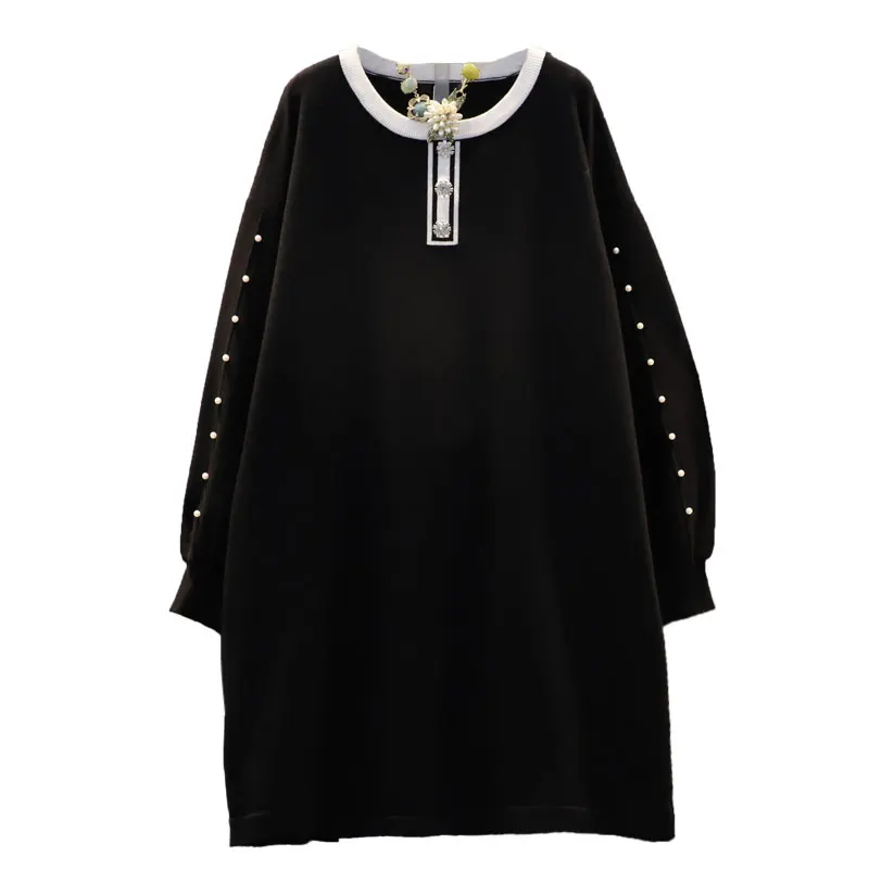 

[IEQJ] 2021 Spring Autumn New Fashion Round Neck Beading Long Sleeve Solid Color Loose Casual Women Dress Oversized 3AC485