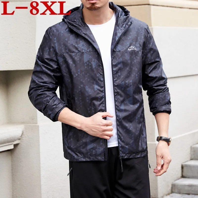 

plus size New Spring 8XL Autumn Bomber Hooded Men Casual Loose Patchwork Windbreaker Jacket Male Outwear Zipper Thin Coat