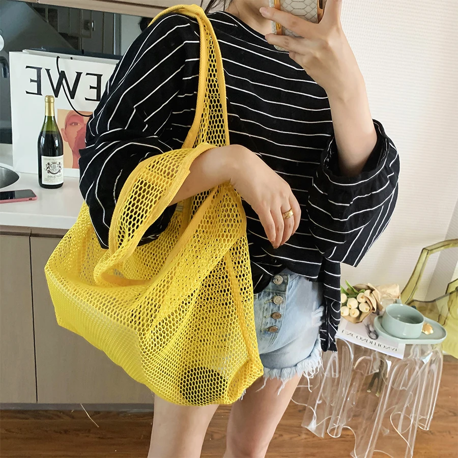 

Вместительная женская сумка для покупок, модный ажурный сетевой тоут в Корейском стиле, повседневная однотонная пляжная сумочка