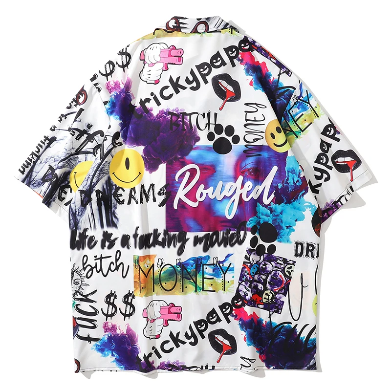 2021 Smile Face Hawaiian Beach Shirts Graffiti Print Hip Hop Button Shirt Mens Harajuku Short Sleeve Holiday Party Blouse Tops