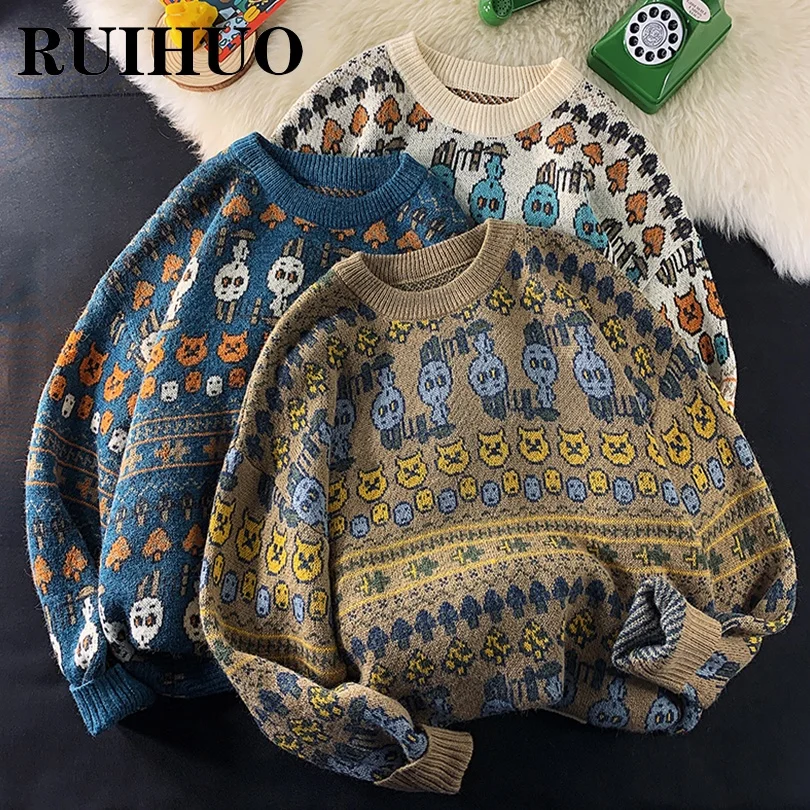 RUIHUO Knitted Sweater Men Clothing Harajuku Fashion Mens Sweaters Pullovers Retro Clothes Knitwear 2XL 2022 New Arrivals | Мужская