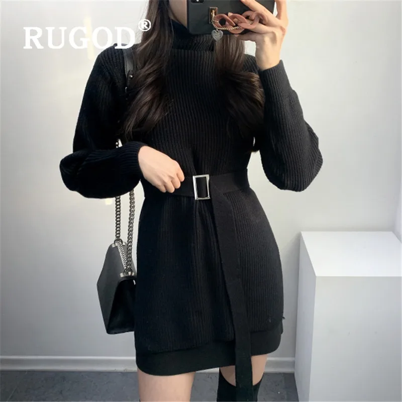 RUGOD Пояс Ретро корейское платье средней длины однотонный топ с длинными рукавами