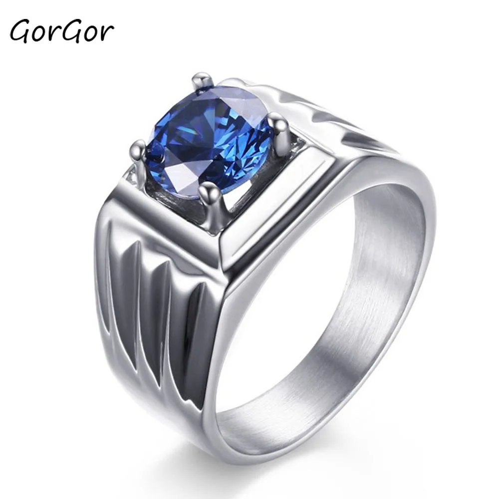 

GorGor Rings Men Stainless Steel Pattern Mosaic Blue Zircon Optional Various Size Simplicity Temperament Accessories RC-252