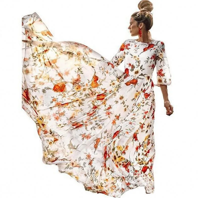 

Printed Big Swing Dress European American Womens Chiffon Printed Middle-Sleeved Loose Summer Dress 2021 New Party Dress Vestidos