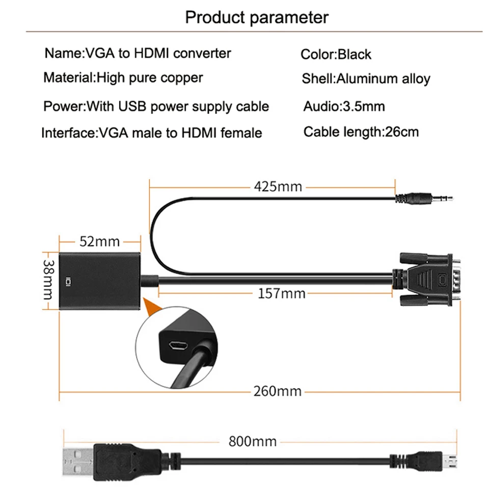 Преобразователь из VGA в HDMI адаптер папа-мама с USB аудио 3,5 мм выход 1080P VGA HDMI кабель для портативных ПК к HDTV проектор