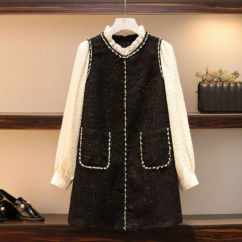 

JSXDHK Elegant Women Long Sleeve Tweed Dress 2022 New Autumn Winter O Neck Beading Patchwork Woolen Pockets Loose A Line Vestido