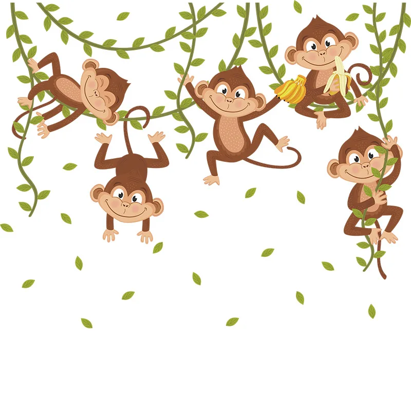 

Monkeys On The Tree Vines Wall Stickers For Baby kids Room Bedroom Home Decoration Self-Adhesive Cartoon Art Murals Wallpaper