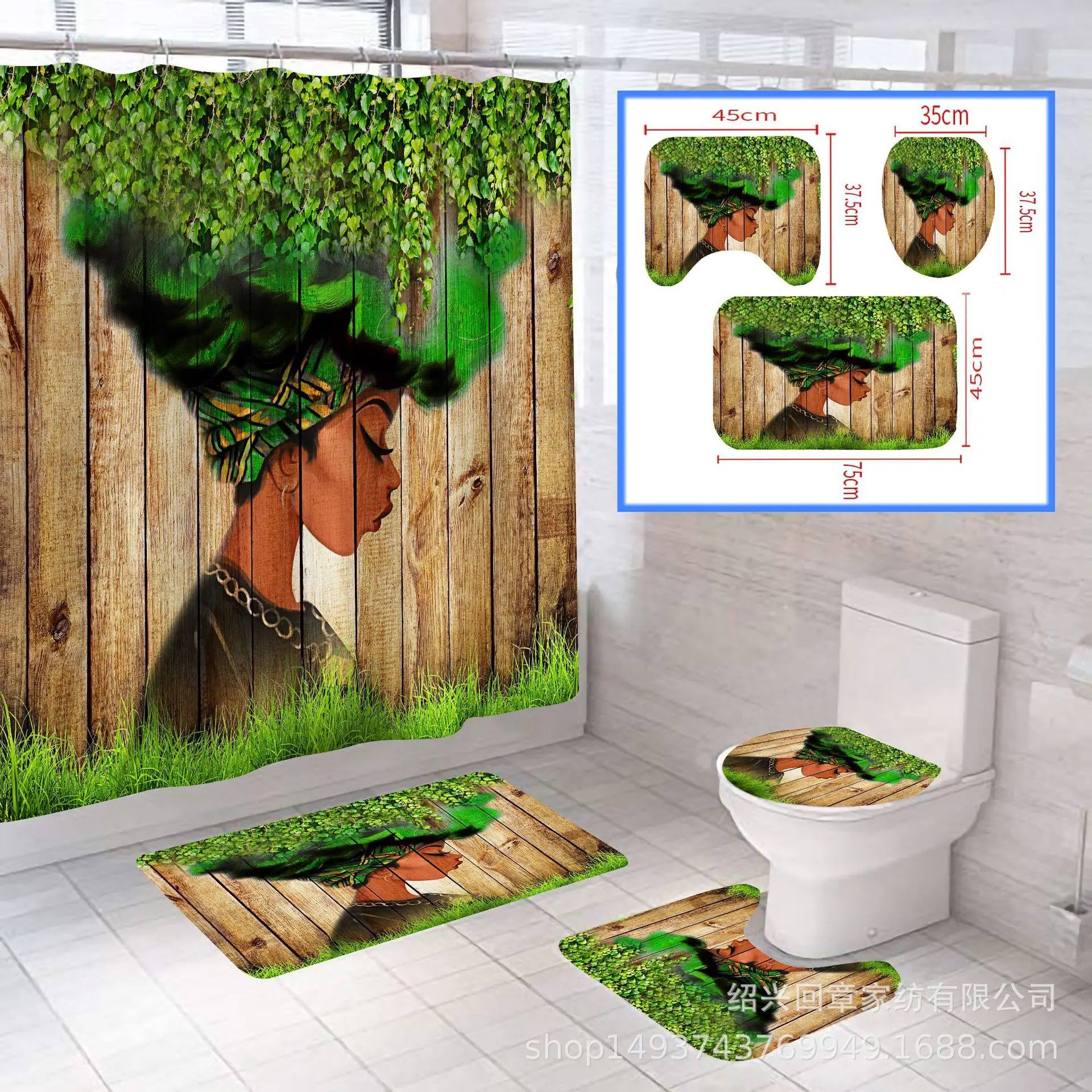 Offerte 4 Pezzi Ragazza Africana Set Da Bagno Tenda Da Doccia 3D Tenda Da Bagno In Poliestere Impermeabile Tappetini Da Bagno Antiscivolo Set Tappeti Da Toilette Tappeto