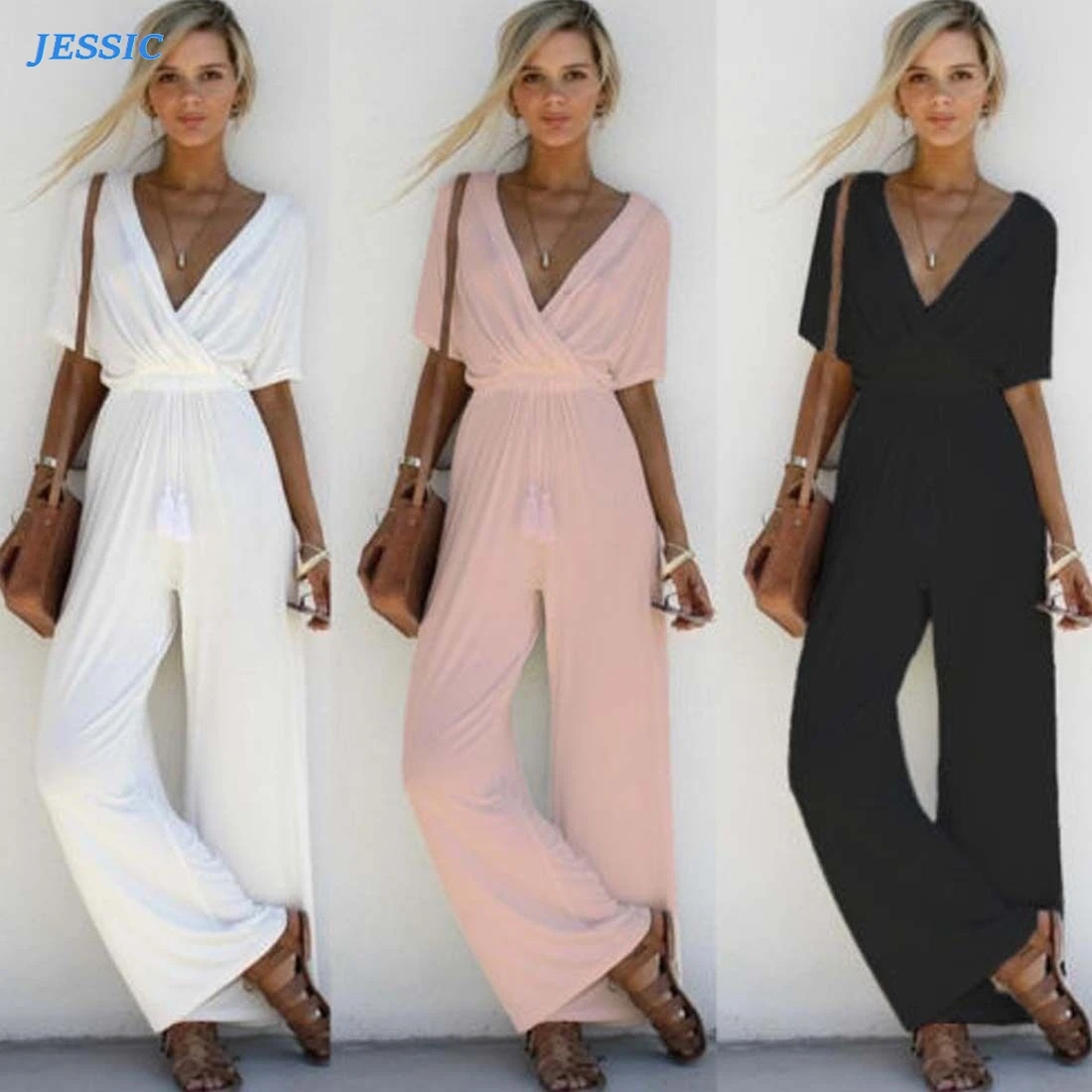 

JESSIC Women Jumpsuit Romper Short Sleeve V Neck Casual Playsuit Overalls Ladies Wide Leg Loose White Black Pink Playsuit