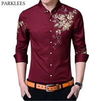 brand wine red mens dress shirts 2018 fashion golden rose flower print button down shirt men slim fit long sleeve chemise homme