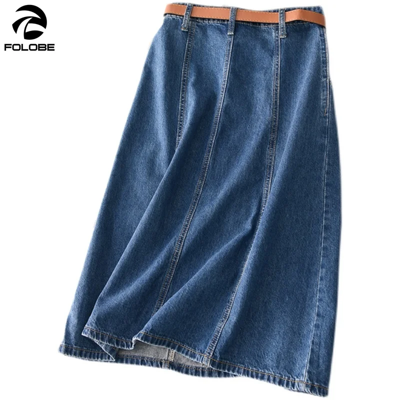 

FOLOBE 2021 Spring New Denim Skirts Women Brown Leather Sashes Mid-length A- line Vintage Blue Jean Skirts Female