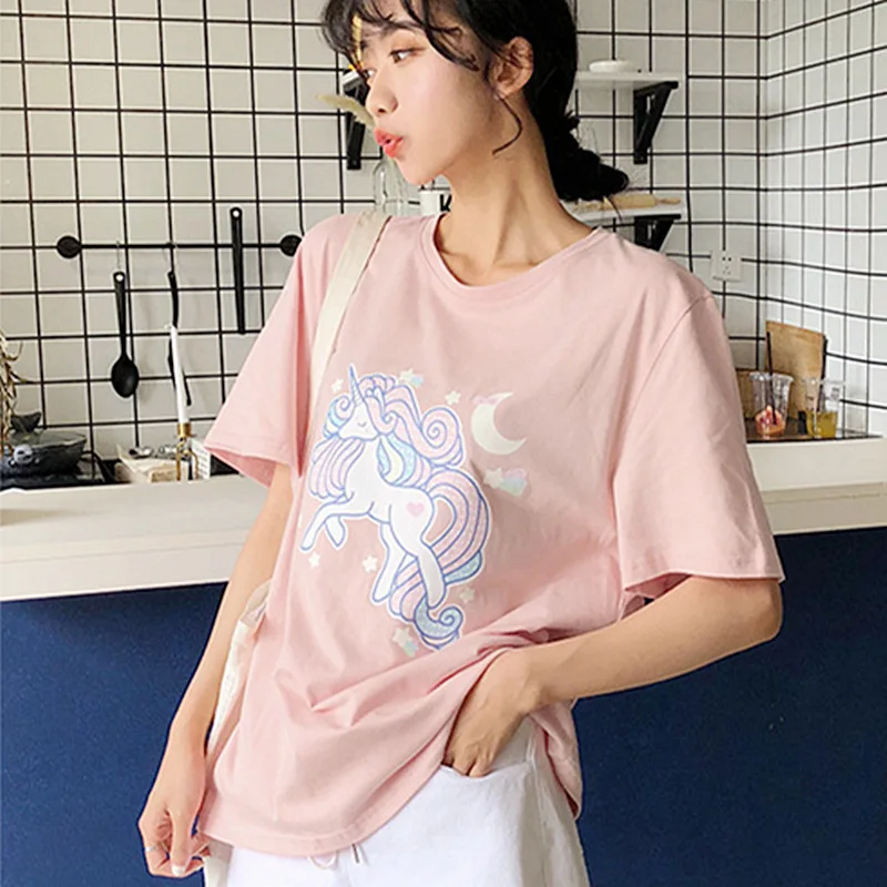 Лето 2020 футболка для женщин единорог с о образной горловиной и