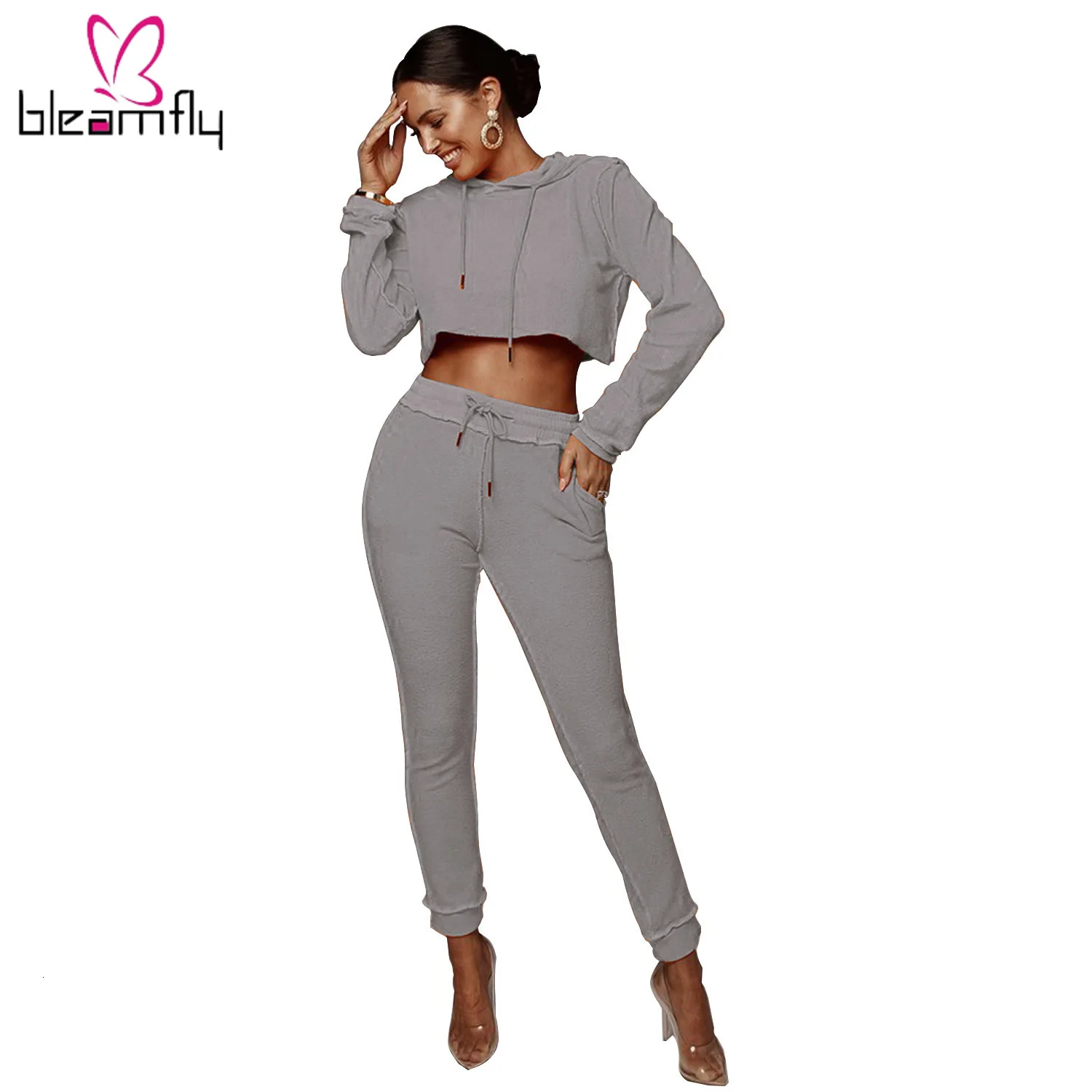 Осенняя Женская однотонная толстовка с капюшоном и длинным рукавом костюм со