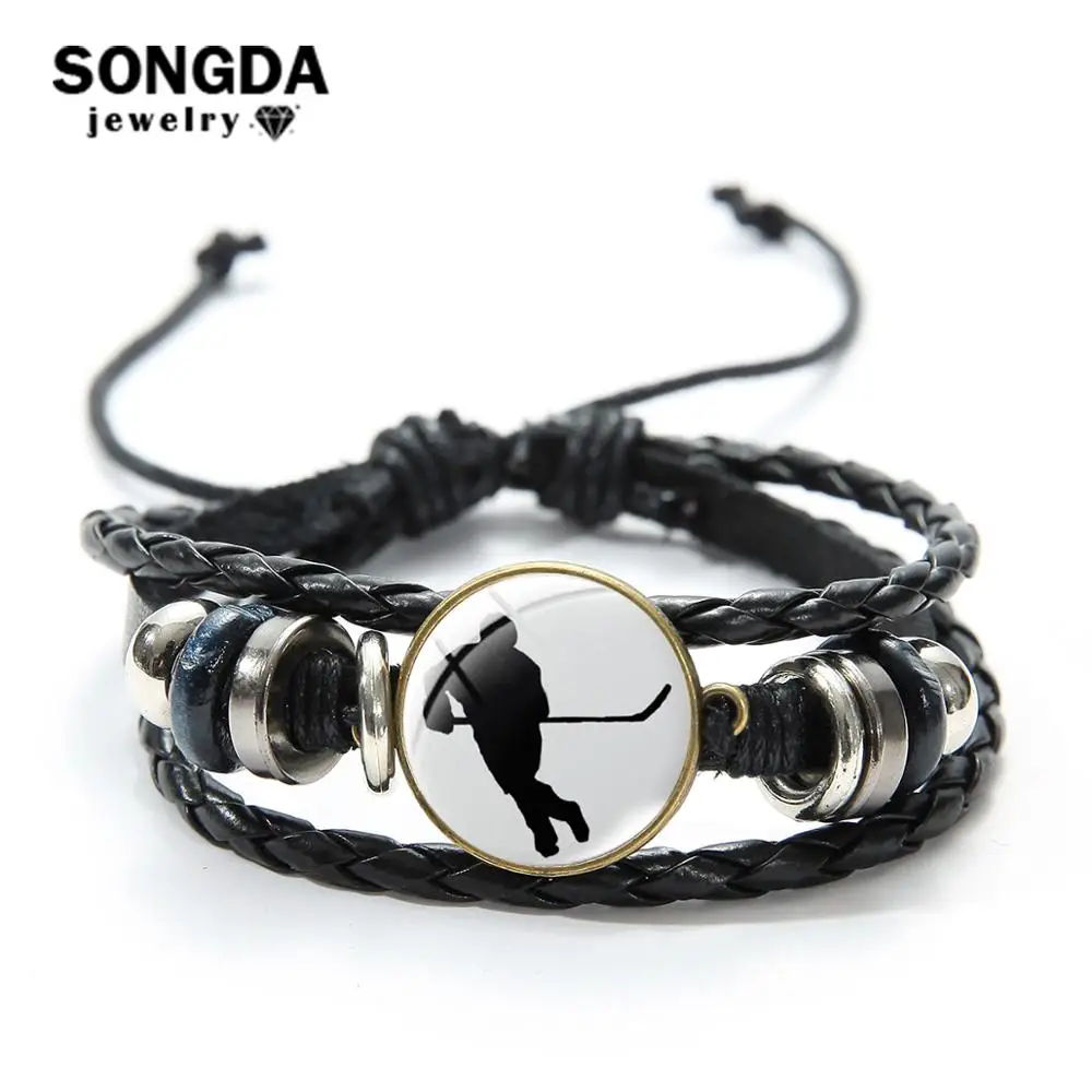 SONGDA Винтаж Хоккей Повседневная плетеный кожаный браслет хоккеистов силуэт