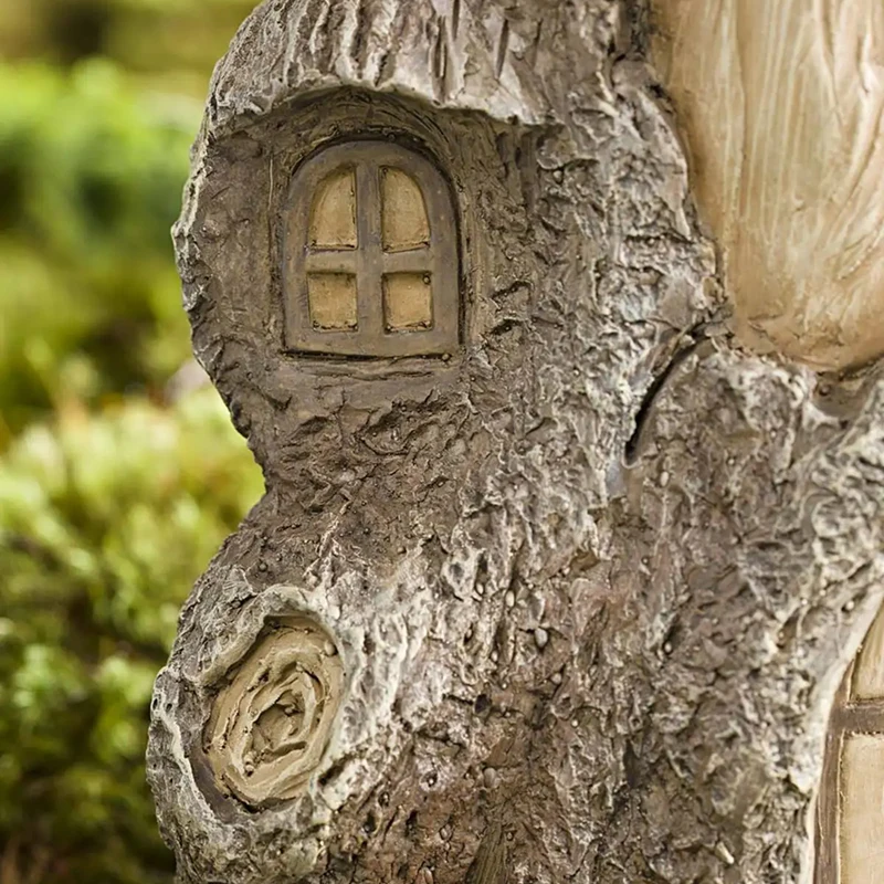 

Full-Size Fairy Garden Birdbath with Miniature Fairy House in A Tree Stump Hand-Painted All-Weather Wood-Look Resin OW