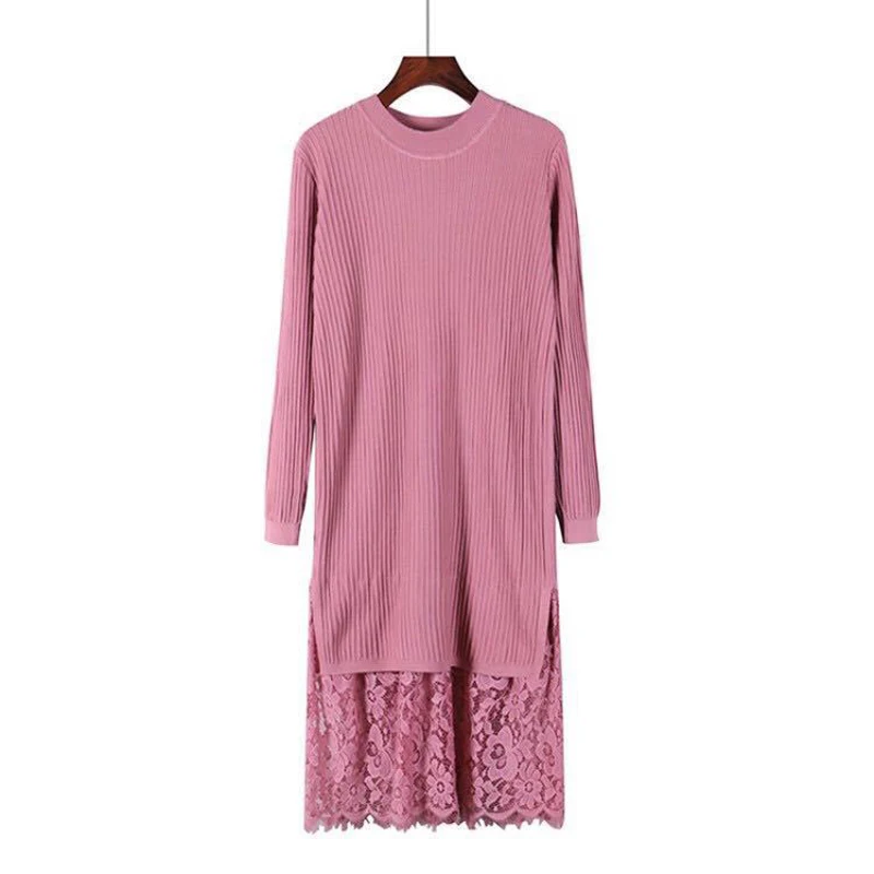 

Lace Stitching Sweater Women Autumn Winter Long Straight Dress Knitted Dresses Maxi Retro Lady Ribbed Robe Pullover Dress