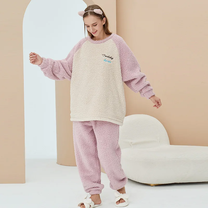 horwula Unisex Pajamas Autumn Winter Flannel Thickened Plus Velvet Home Clothes Suit Sweater Couple Pajamas Ladies Men Sleepwear