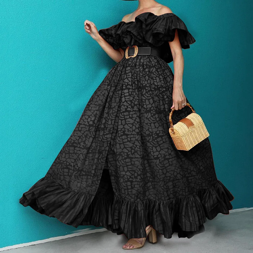 

brand design ruffle party dress long sexy falbala off shoulder women elegant black red print swing maxi evening 2021 dresses