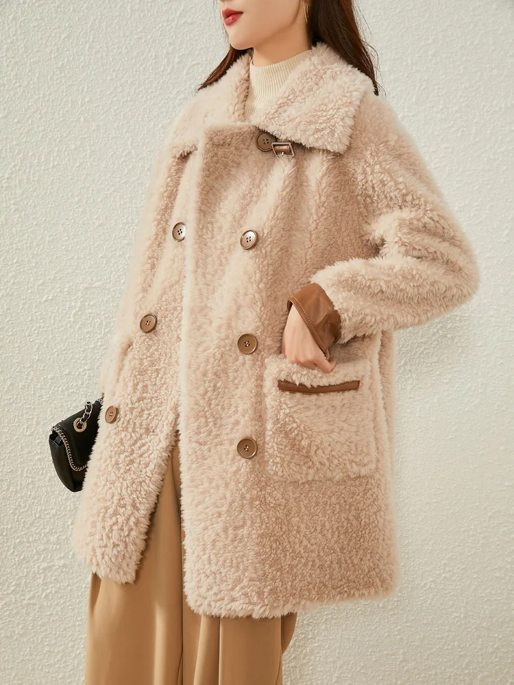 

Winter 2020 new Haining sheep sheared fur coat women's middle long double breasted granular cashmere lamb coat