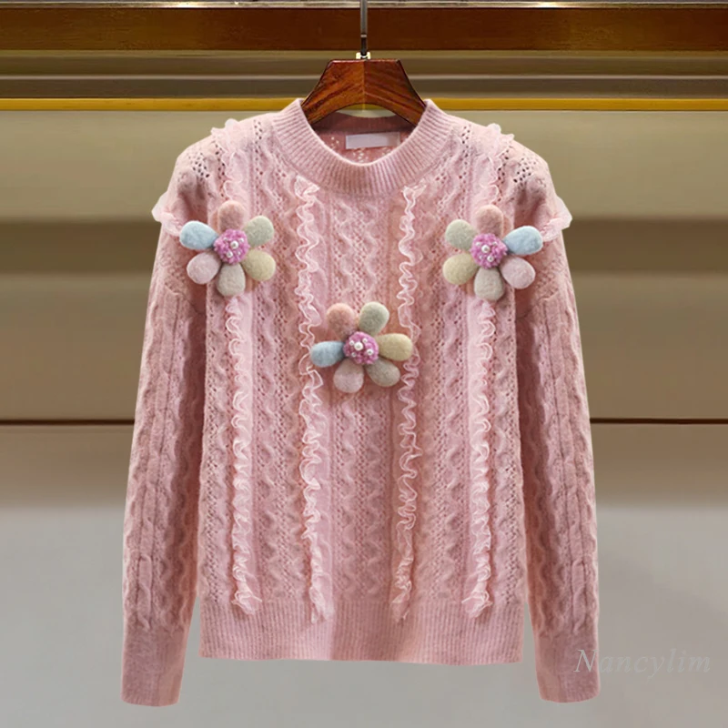

Sweet Flower Lace Sweater Women Autumn and Winter New Thick Loose Tops Outerwear Three-Dimensional Floral Round Neck Pullovers